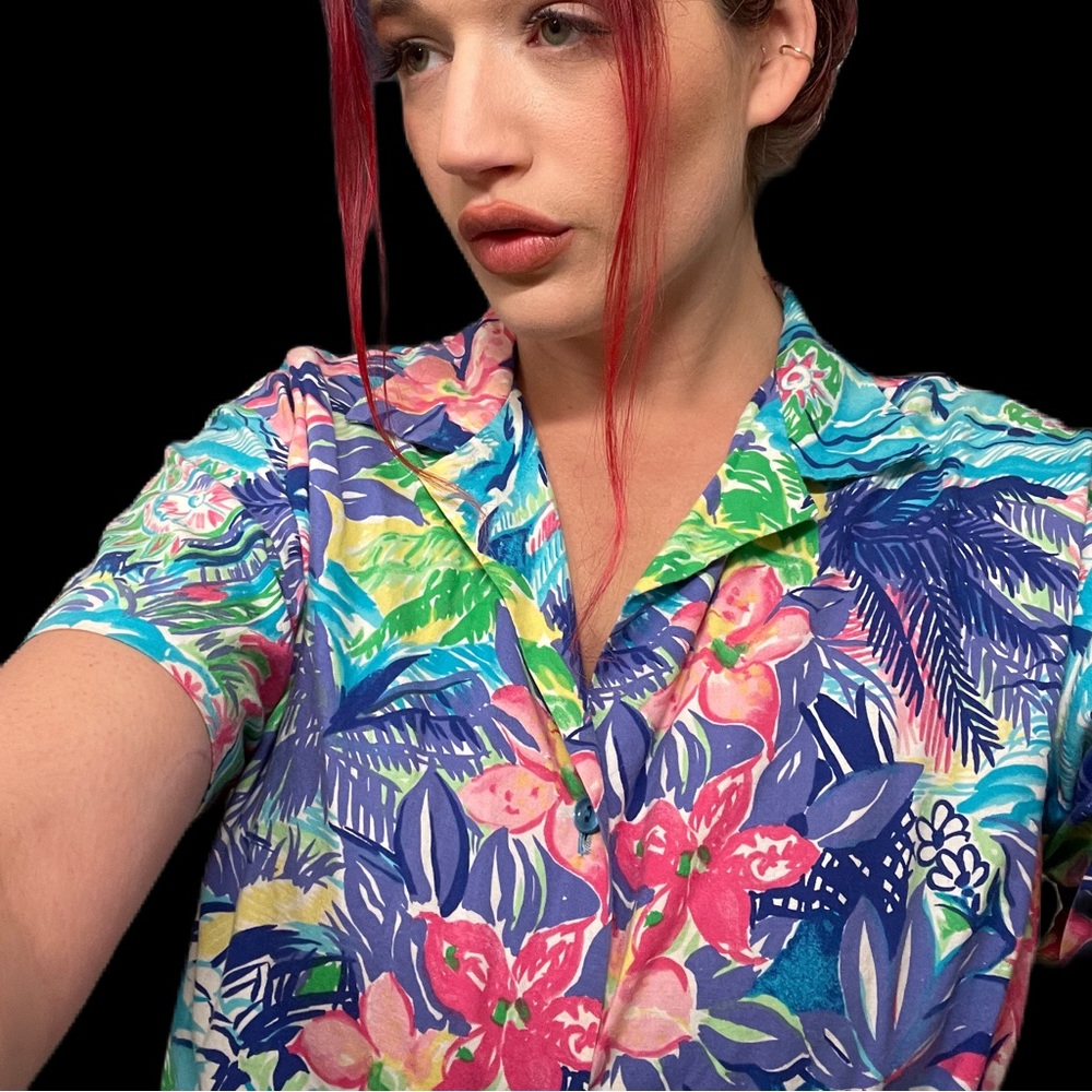 80s Hawaiian print collared crop top! 🌸🌺💐